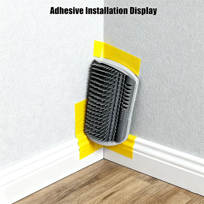 Wall-mounted cat self-groomer with massage comb brush, ideal for kittens and puppies, promotes grooming and relaxation.