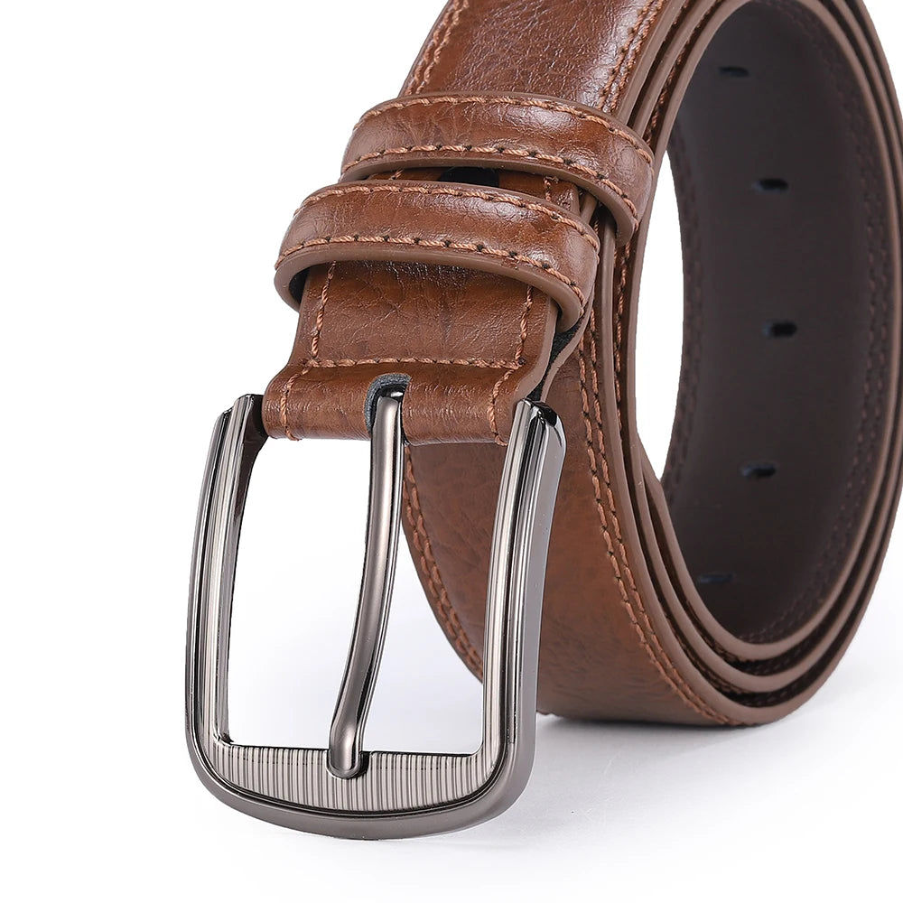 Showlu men's casual split leather belt with cowhide material and pin buckle, showcasing its durable design and stylish finish.