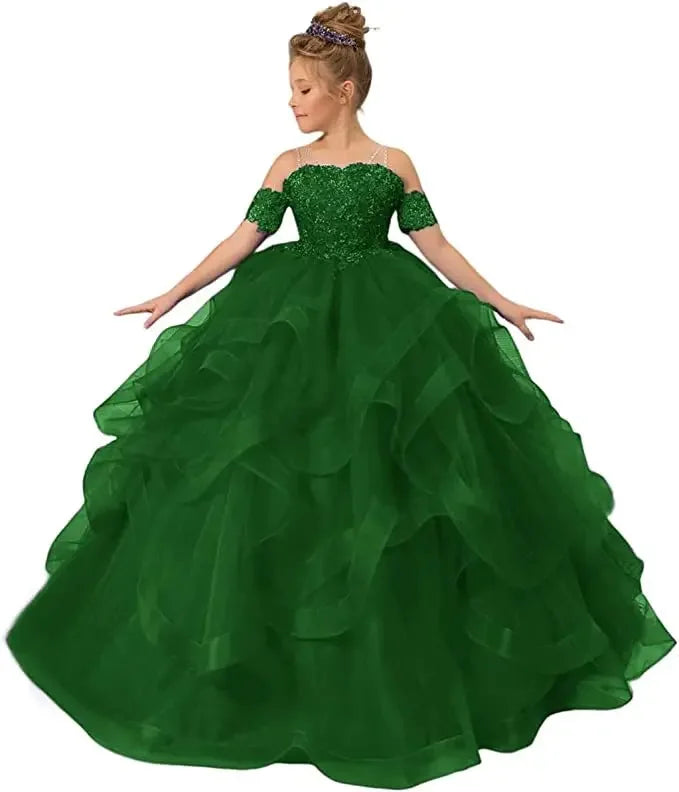 Off-shoulder tulle flower girl dress by Gdybao, ball gown style for kids with floral appliques and elegant design.
