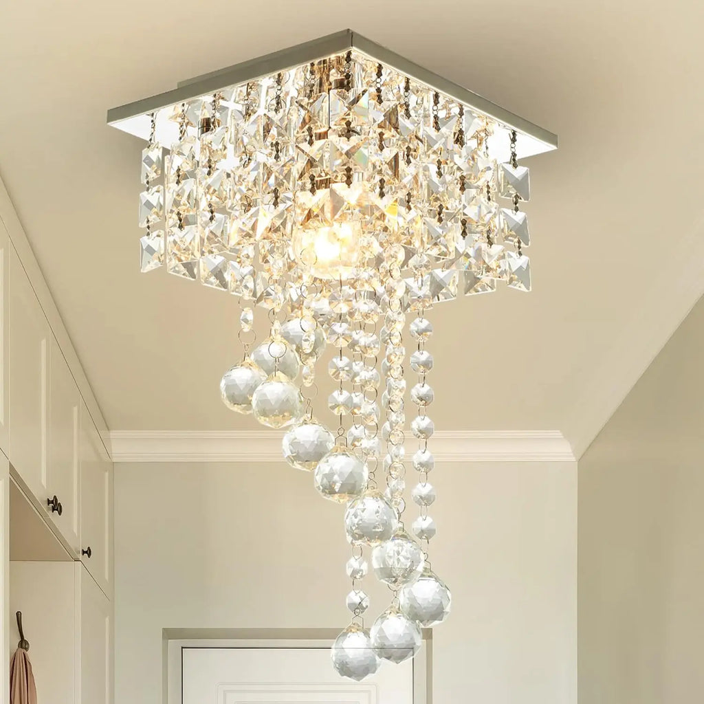 Mini crystal chandelier by Showlu Fashion Store with K9 crystals, stainless steel frame, 7.9-inch square flush mount ceiling light.