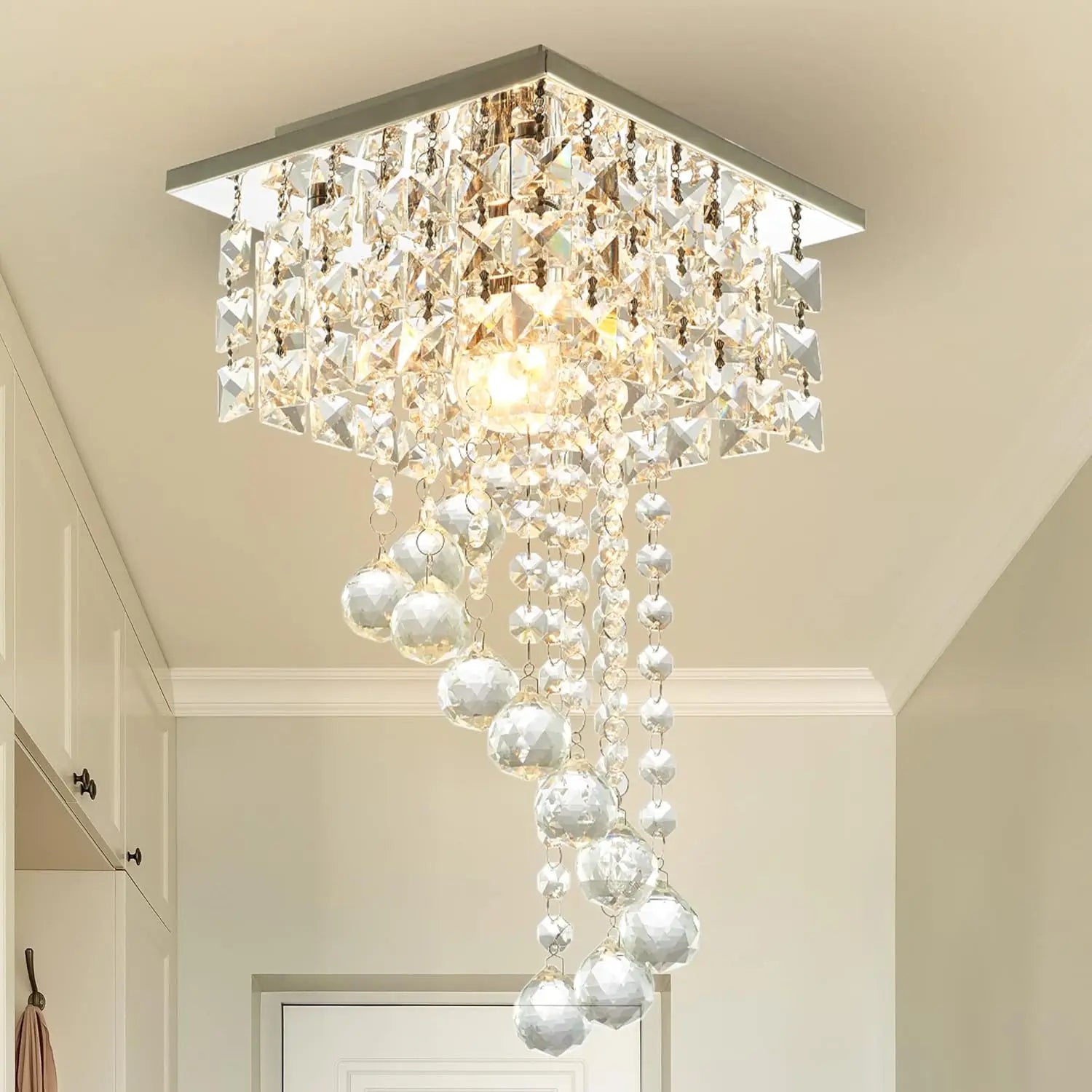 Mini crystal chandelier by Showlu Fashion Store with K9 crystals, stainless steel frame, 7.9-inch square flush mount ceiling light.