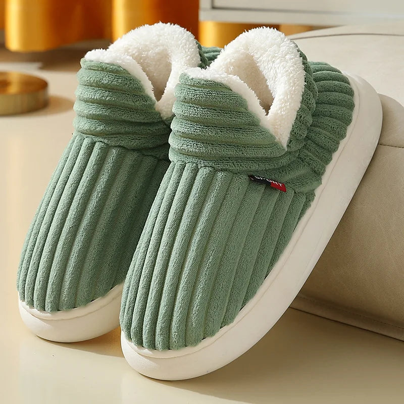 Showlu Fashion men's winter slippers with short plush lining, soft fur, cotton material, indoor fluffy house shoes, casual and cozy.