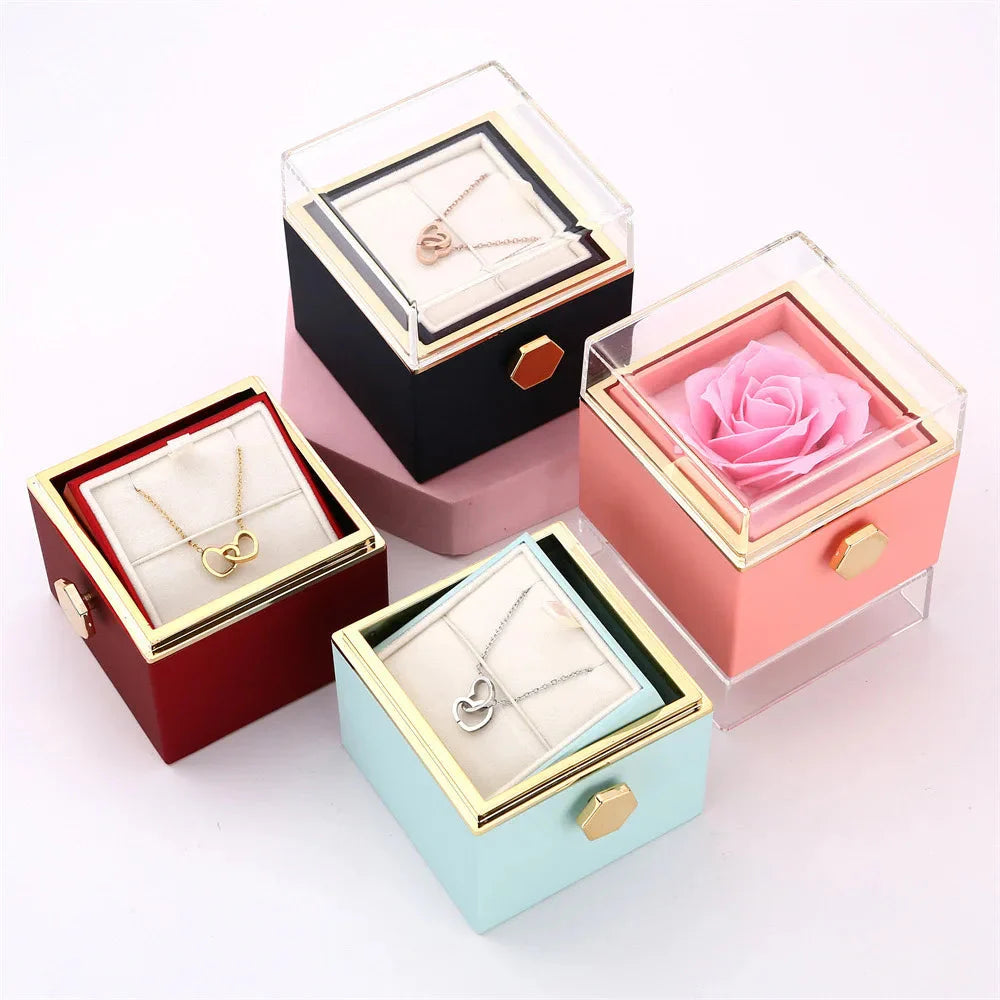 Double heart steel bracelet with eternal rose box from SHOWLU FASHION, featuring intricate heart design and elegant presentation.