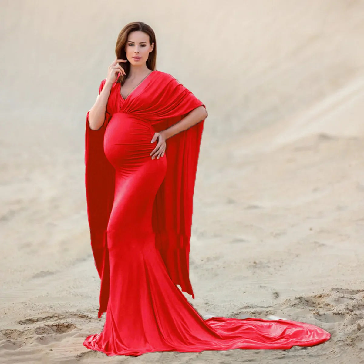 Elegant SHOWLU FASHION STORE maternity maxi dress with batwing sleeves, perfect for photoshoots and comfortable maternity wear.