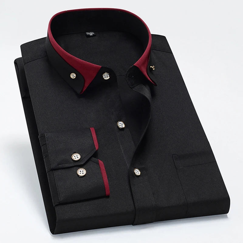 Men's slim fit white cotton business shirt by Showlu Fashion Store, long sleeve, classic style, neatly pressed.