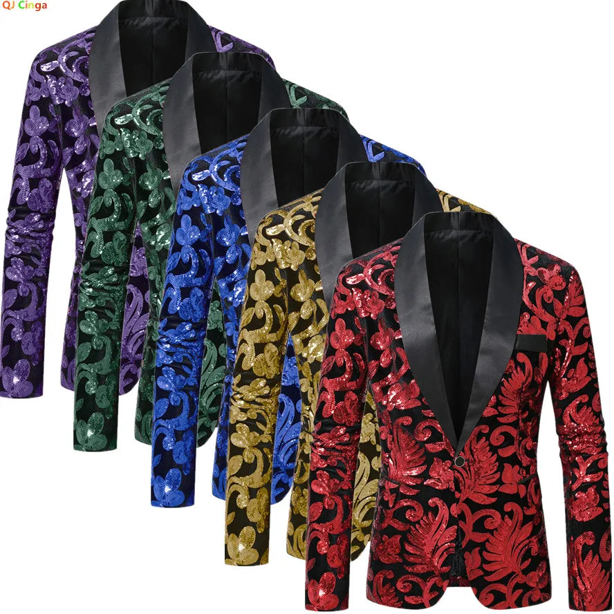 Shiny sequin embellished men's stage performance blazer with single button, available in blue, gold, green, purple, and red.