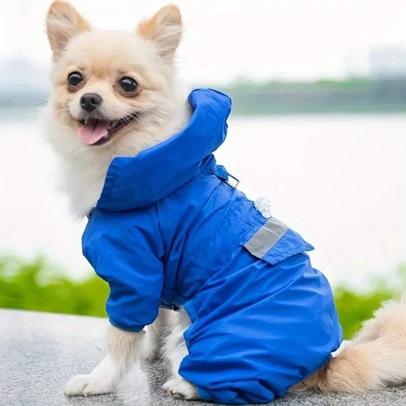 Showlu Fashion dog raincoat with hood and D-ring, waterproof pet jacket suitable for keeping dogs dry in rainy weather.