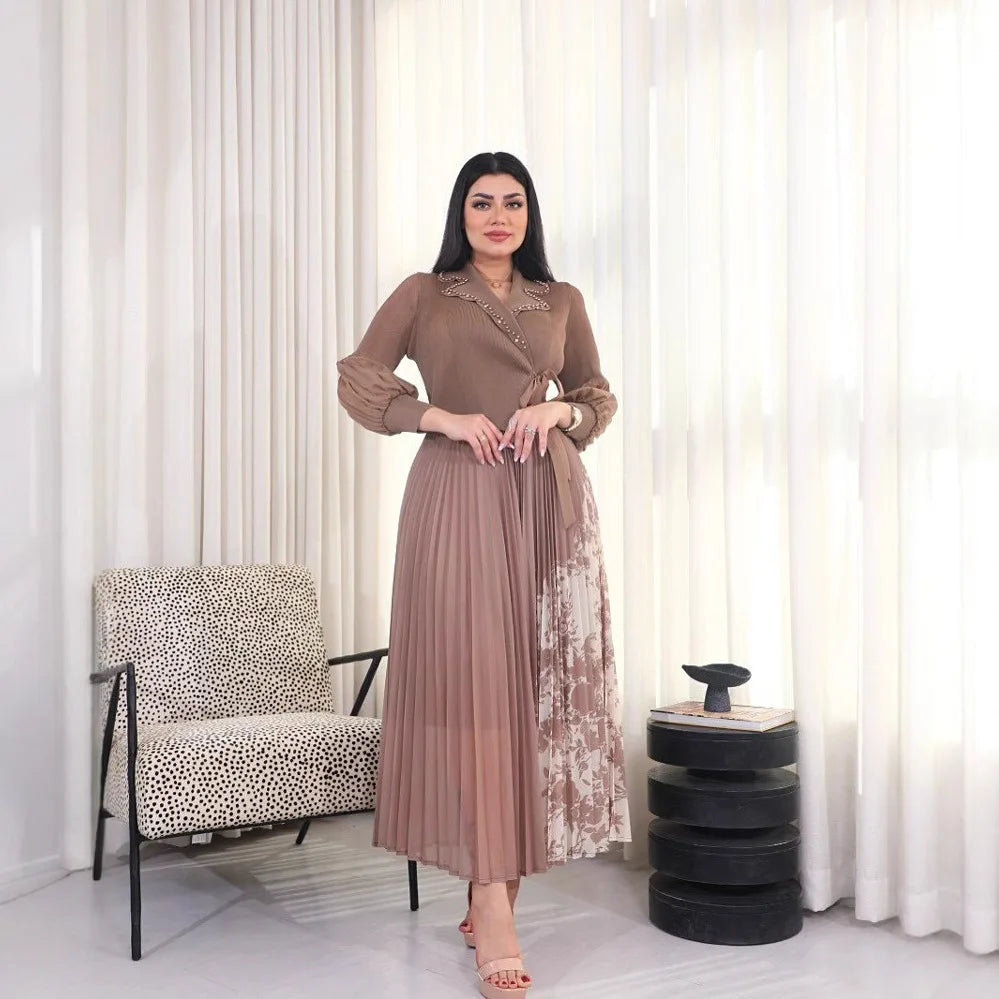 2025 Spring and Summer Vacation Two Pieces Miyake Pleated Printed Dress High-end Pleated Medium and Long Dress Women's Clothing