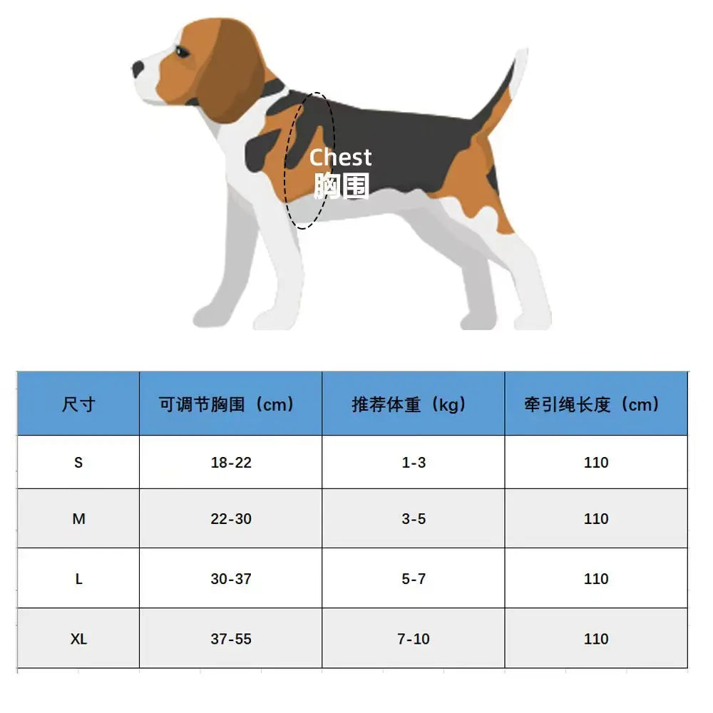 Small and medium-sized dog chest and back suit with leash, made of durable straps, ideal for pet walking and safety.