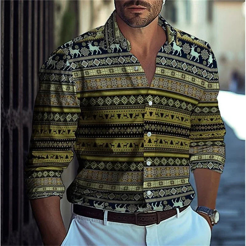 Blue plaid Hawaiian men's shirt by Showlu Fashion with long sleeves, button-up front, casual summer beach style, and lapel collar.
