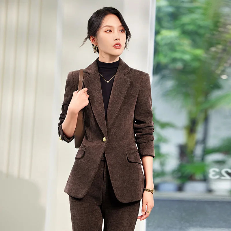 2024 Autumn New Corduroy Elegant Pant Suit Ladies Formal Business Work Wear 2 Piece Set Green Wine Jacket Blazer And Trouser