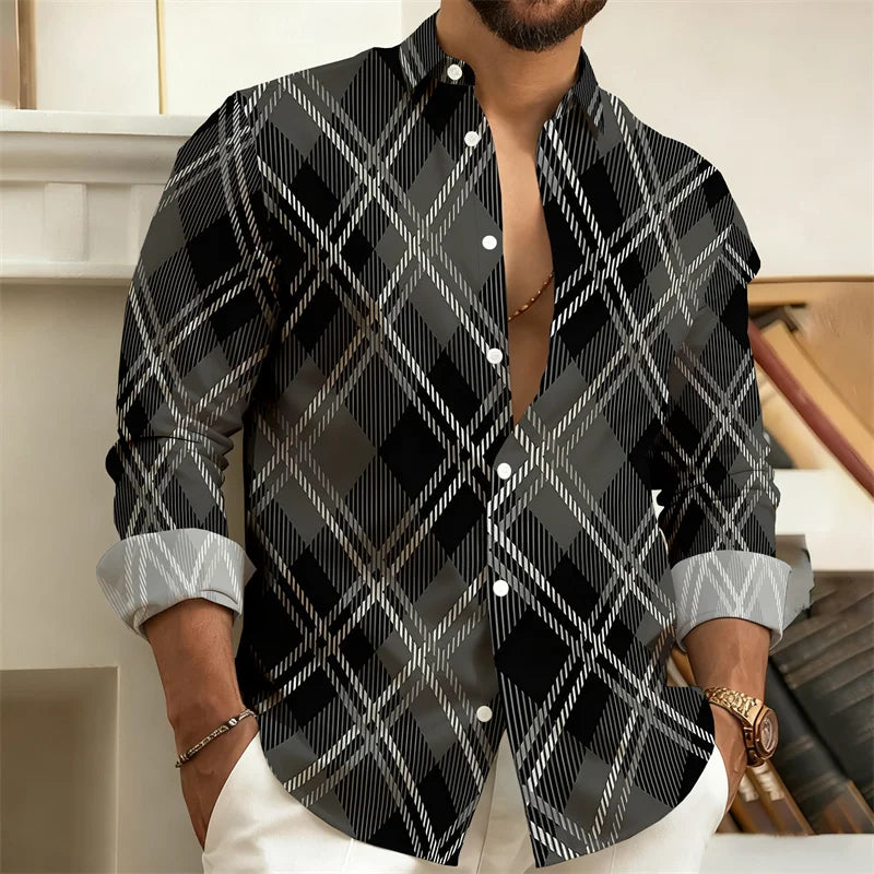 Men's plaid long-sleeved casual shirt by Showlu Fashion, stylish and comfortable top in sizes S-6XL, featuring trendy plaid pattern.