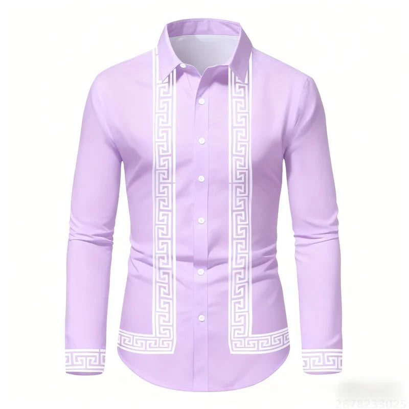 Men's retro geometric print long-sleeve shirt in black and white, slim fit, stylish casual top by Showlu Fashion Store.
