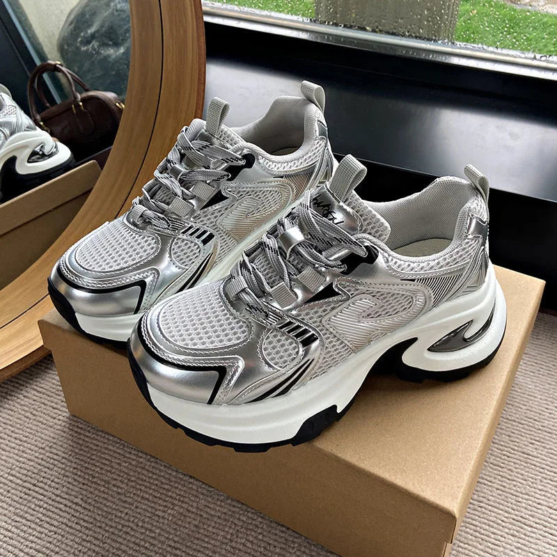 Showlu Fashion Women's chunky sneakers with breathable mesh, non-slip lightweight outdoor casual sports shoes, vulcanized design.