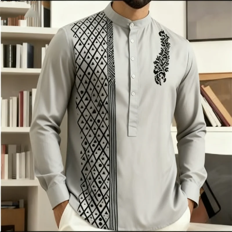 Men's long sleeve button shirt by Showlu Fashion, loose fit Henley beach top with 7 buttons, casual and stylish for everyday wear.