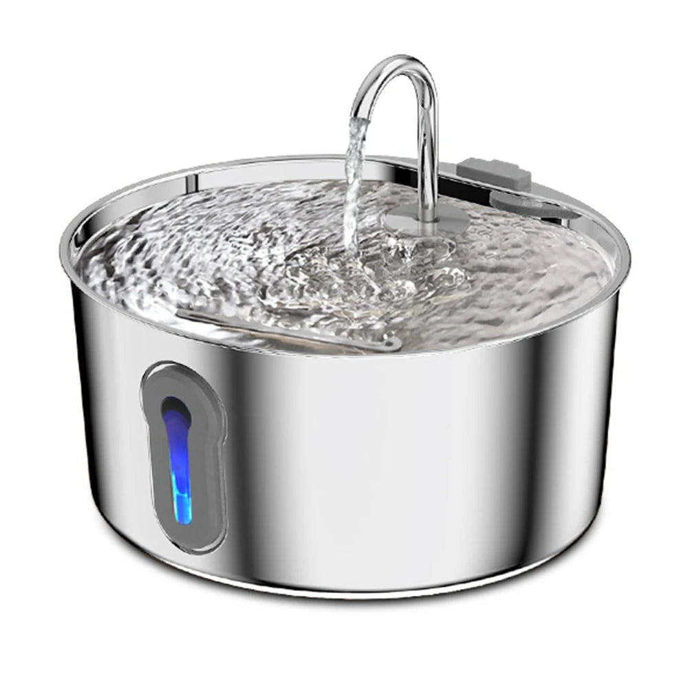 Stainless steel OYES cat water fountain with 135oz capacity, automatic pet dispenser, and sleek design for fresh drinking water.