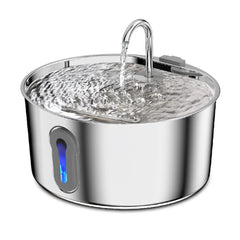 A stainless steel pet water fountain with a faucet-style spout and a blue LED water level window.