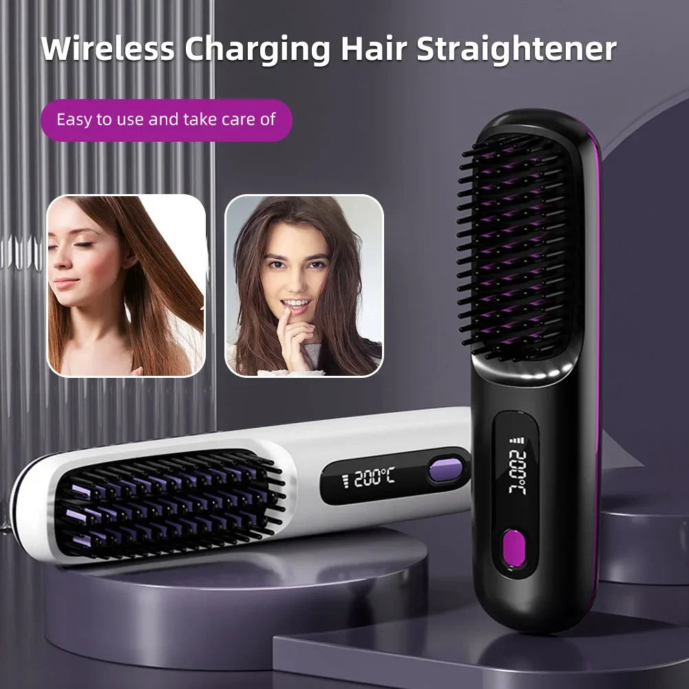Showlu Smart wireless ionic hair straightener brush in black, featuring anti-frizz technology and sleek design for smooth, straight hair.