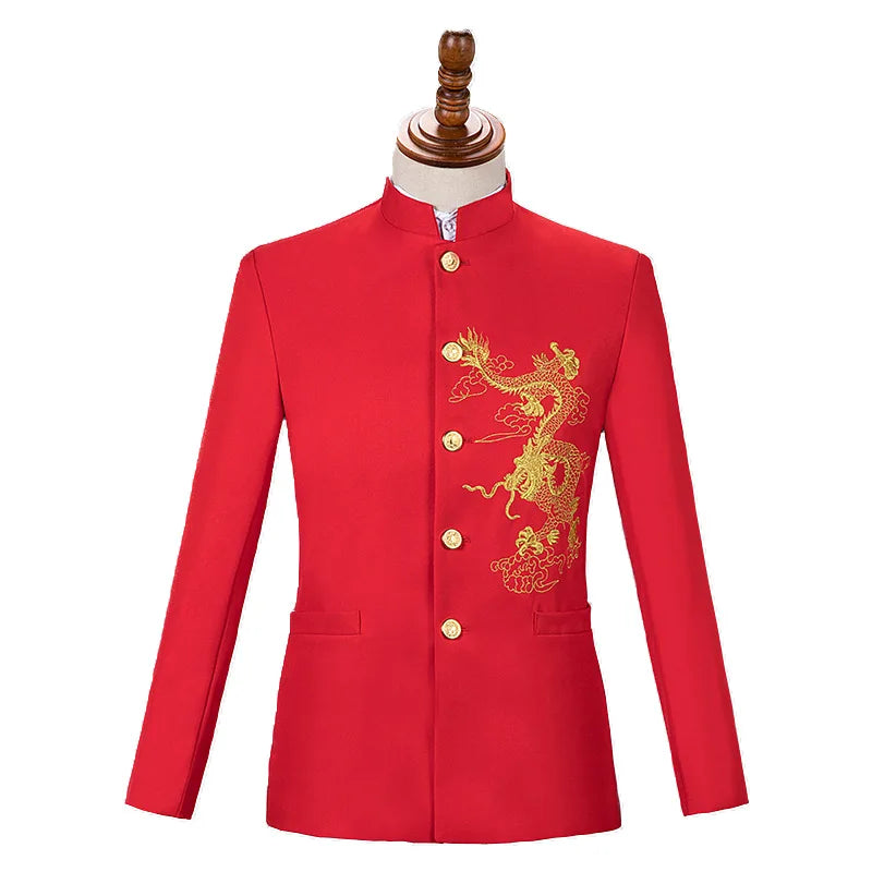 Men's slim fit suit by Showlu Fashion, featuring an embroidered blazer and straight pants in a stylish 2-piece set.