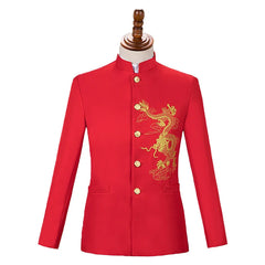 A red men's slim-fit blazer with a stand collar, gold buttons, and gold dragon embroidery.