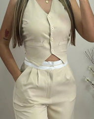 New Fashion 2024 Summer Casual Sexy Elegant V-Neck Buttoned Vest Top & Pocket Design Pants Set Womens Two Piece Sets Outfit SHOWLU FASHION STORE