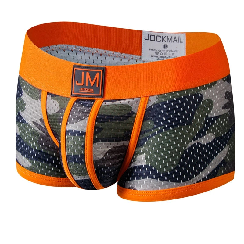 Men's mesh camouflage boxer briefs by JOCKMAIL with nylon pouch, designed for comfort and breathability.