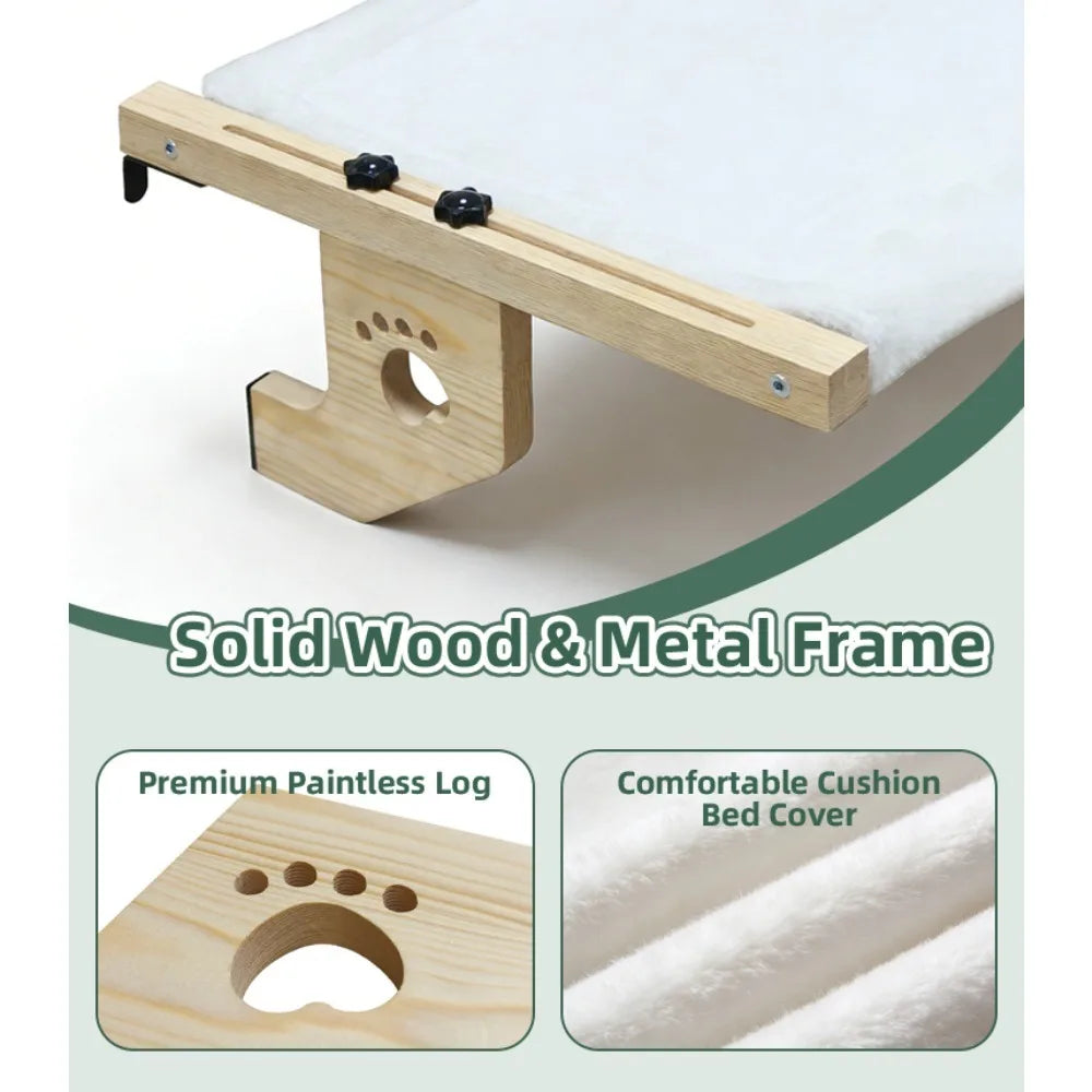 Showlu Wooden Frame Cat Window Hammock with paw print design, durable hanging bed for cats to relax by the window