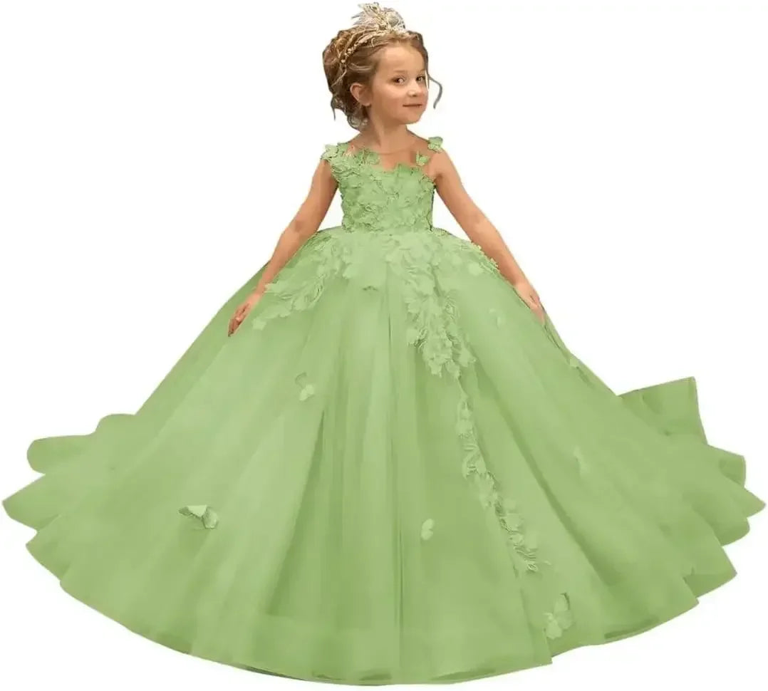 Kingbridal 3D Butterfly Flower Girl Dress by Showlu Fashion Store, tulle lace ball gown with floral and butterfly embellishments.