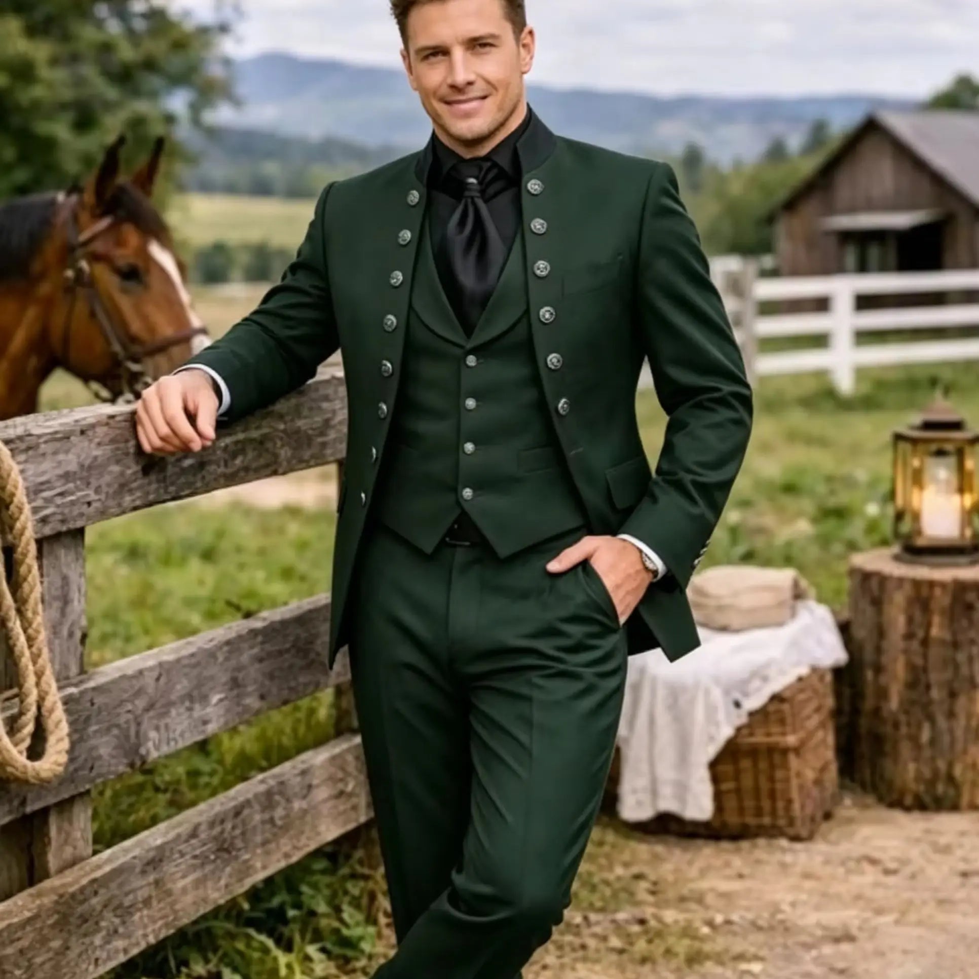 Dark green men's 3-piece suit by Showlu Fashion, slim fit tuxedo set for wedding or formal occasions, shown on a hanger.