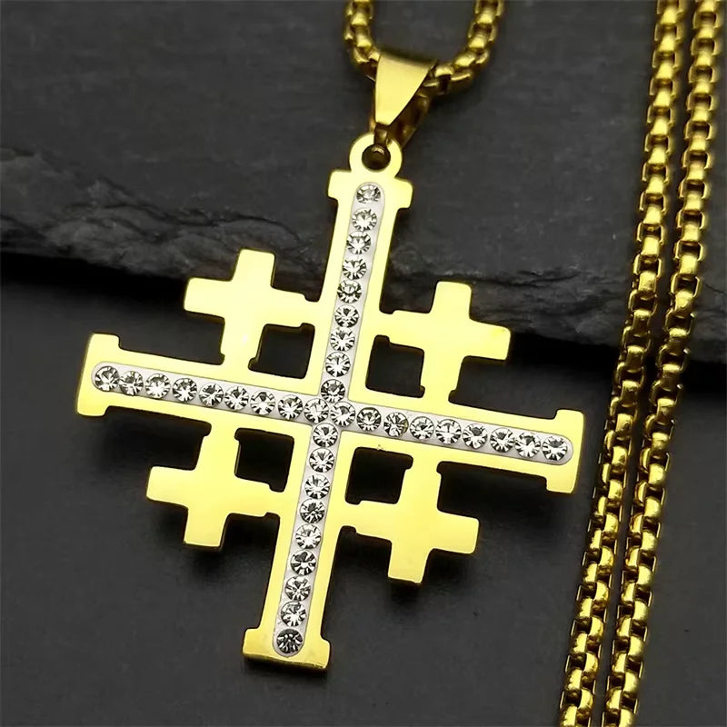 Stainless steel AFAWA Jerusalem Cross necklace with Bible verse pendant, featuring detailed religious cross design.
