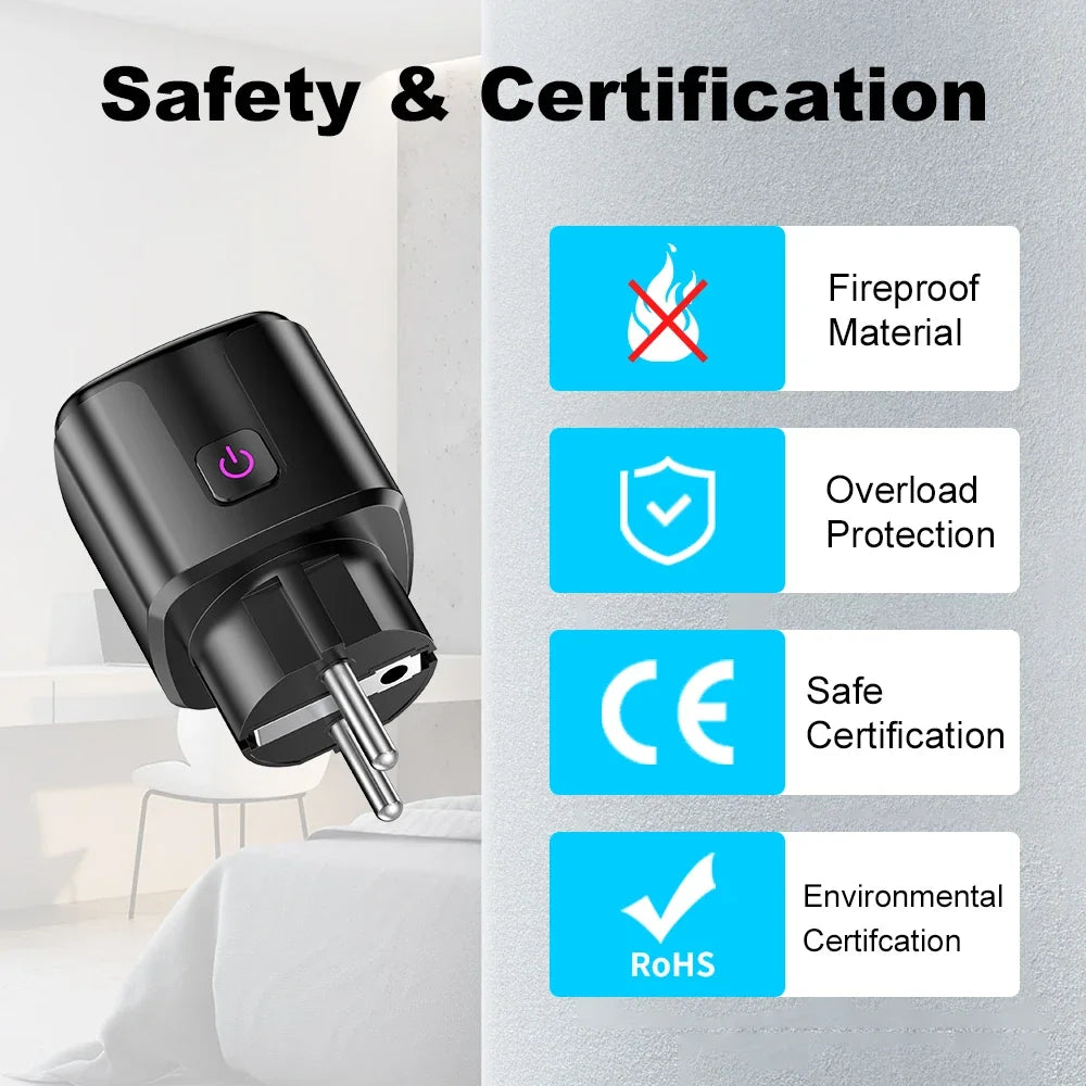 Showlu Smart WiFi Smart Plug with EU socket, power monitor, and voice control for remote automation and energy management.
