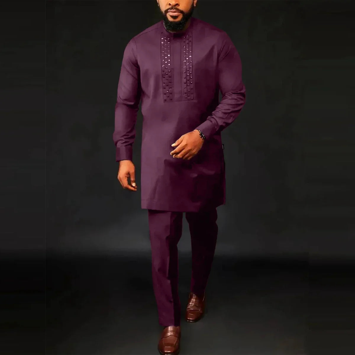 Men's African kaftan tracksuit by SHOWLU FASHION with embroidered details, two-piece set featuring a comfortable, stylish design.