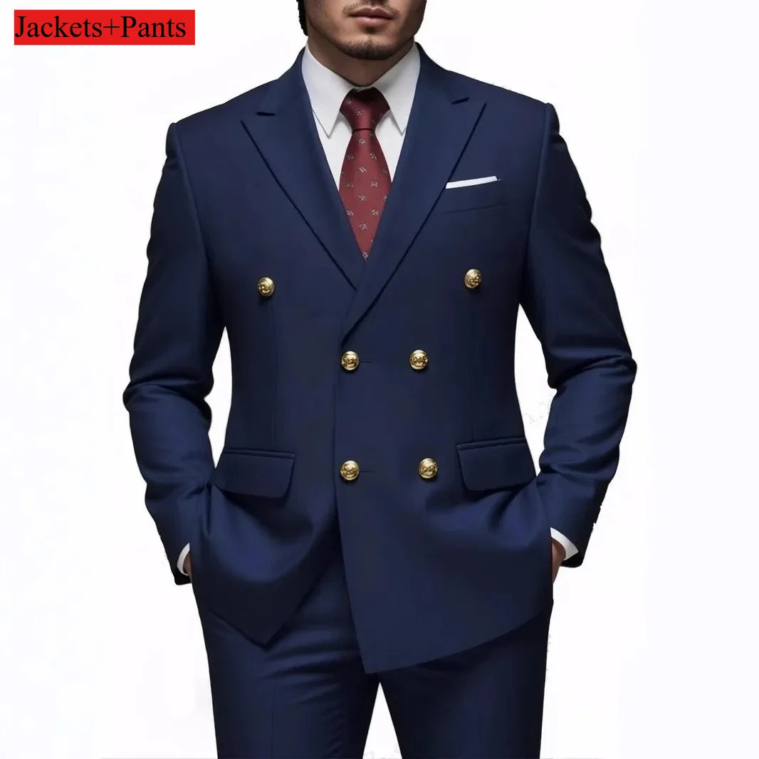 Black men's double-breasted slim fit suit with gold buttons, high-quality wedding and party attire, shown in a formal setting.