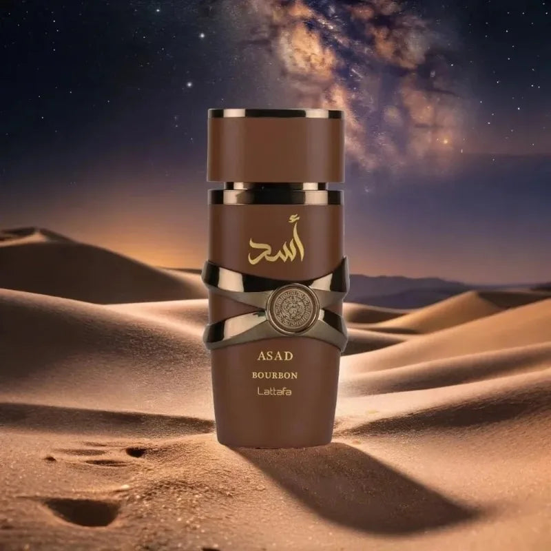 Unisex Lattafa Asad Bourbon Eau De Parfum bottle with fruity fragrance, 3.4 oz, displayed on a neutral background.