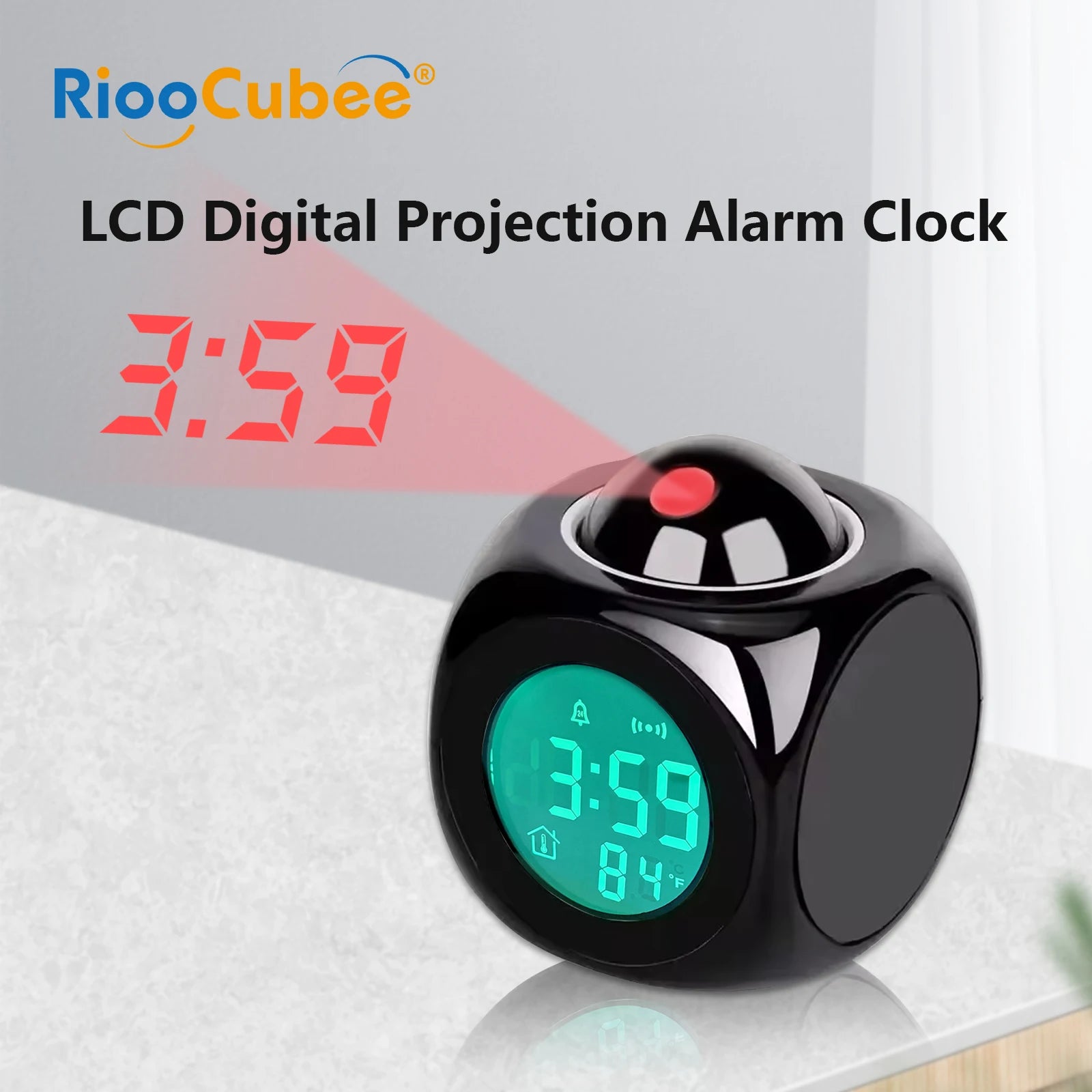 Showlu Smart LED Alarm Clock with digital LCD projector displaying time and temperature, featuring sleek design and modern functionality.