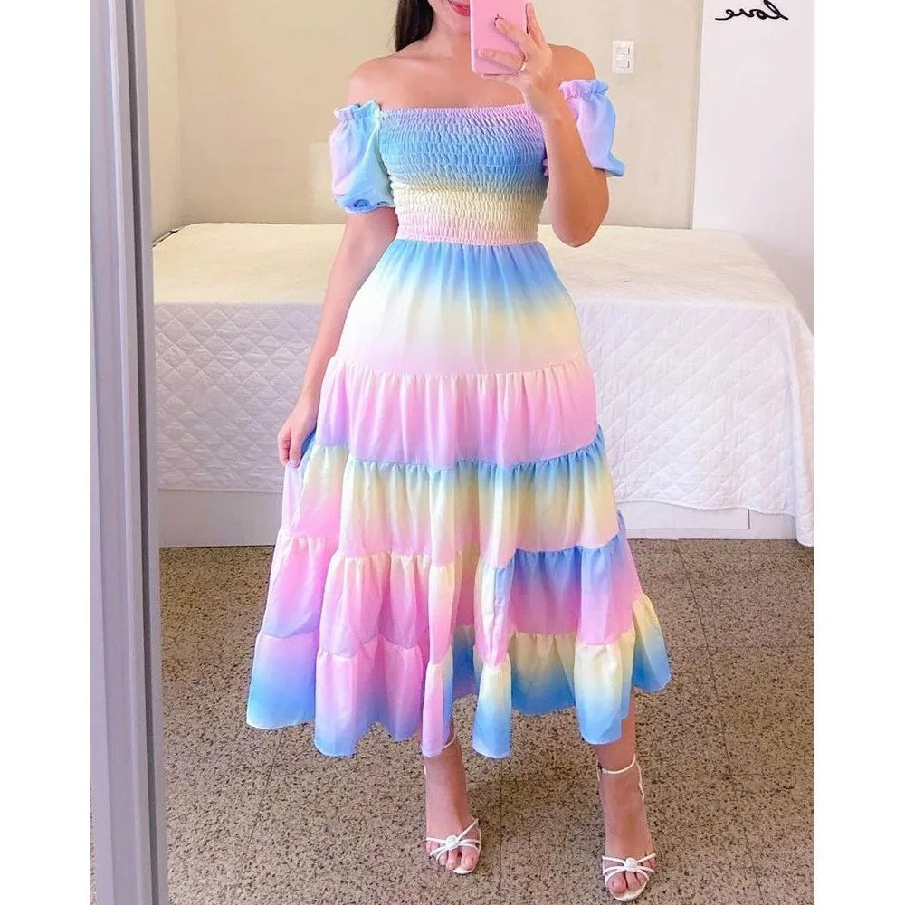Women's high waisted A-line summer dress with slash neckline and floral print by SHOWLU FASHION STORE