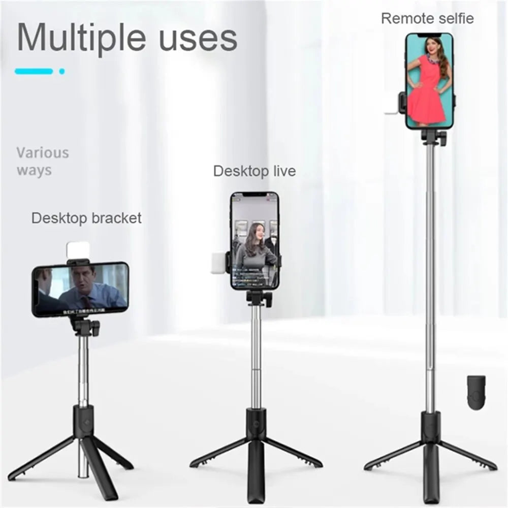 Wireless selfie stick tripod with Bluetooth remote, phone holder, and LED fill light for live streaming and selfies.