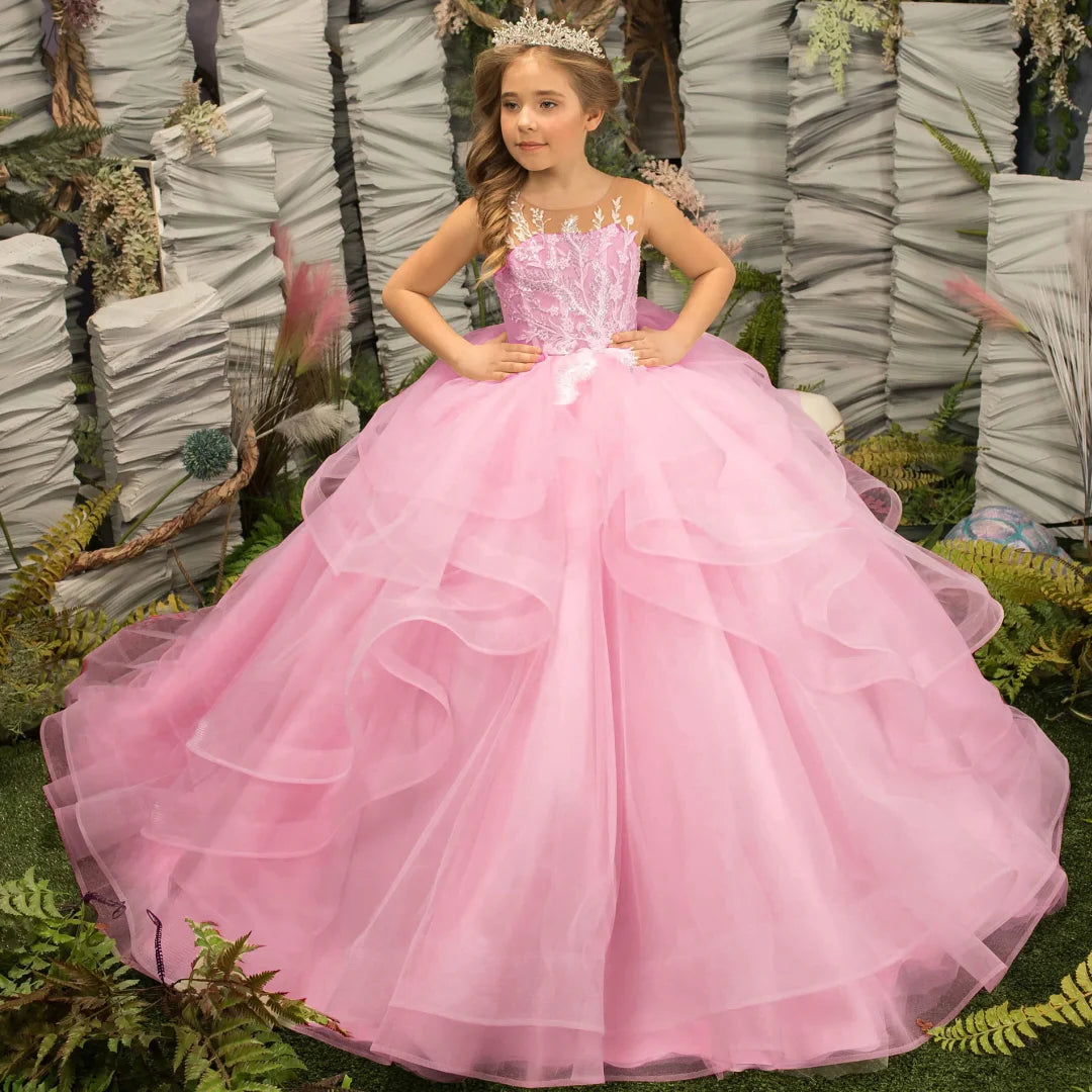 Light champagne flower girl dress by Gdybao featuring a tulle tiered ball gown for wedding occasions.