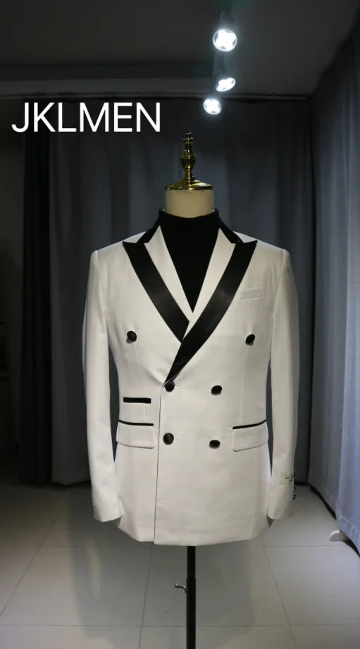 White double-breasted men's tuxedo suit with slim fit, top lapel, two-piece formal costume for groom or prom, shown in the image.
