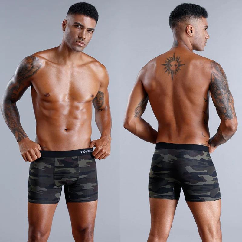 Showlu men's cotton boxer shorts in a 4-pack with camouflage print, comfortable men's underwear for everyday wear.