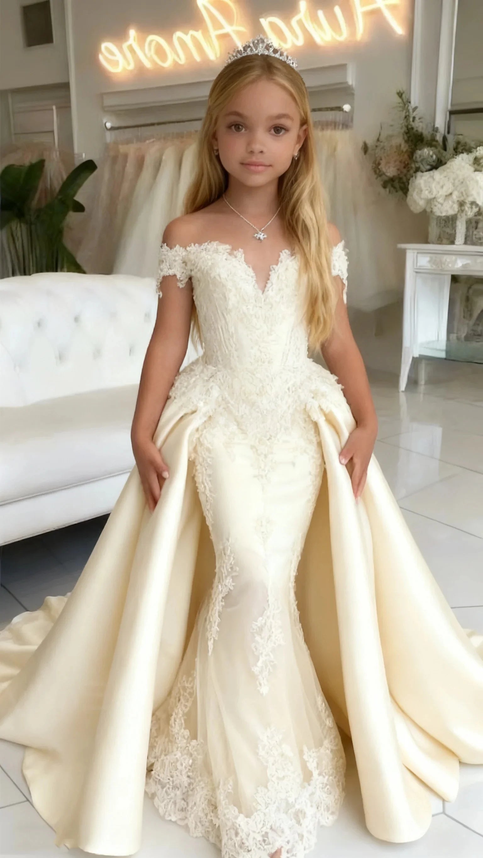 Showlu Smart General customized flower girl dress for wedding, off-shoulder mermaid style, floor-length for kids' birthday and communion.