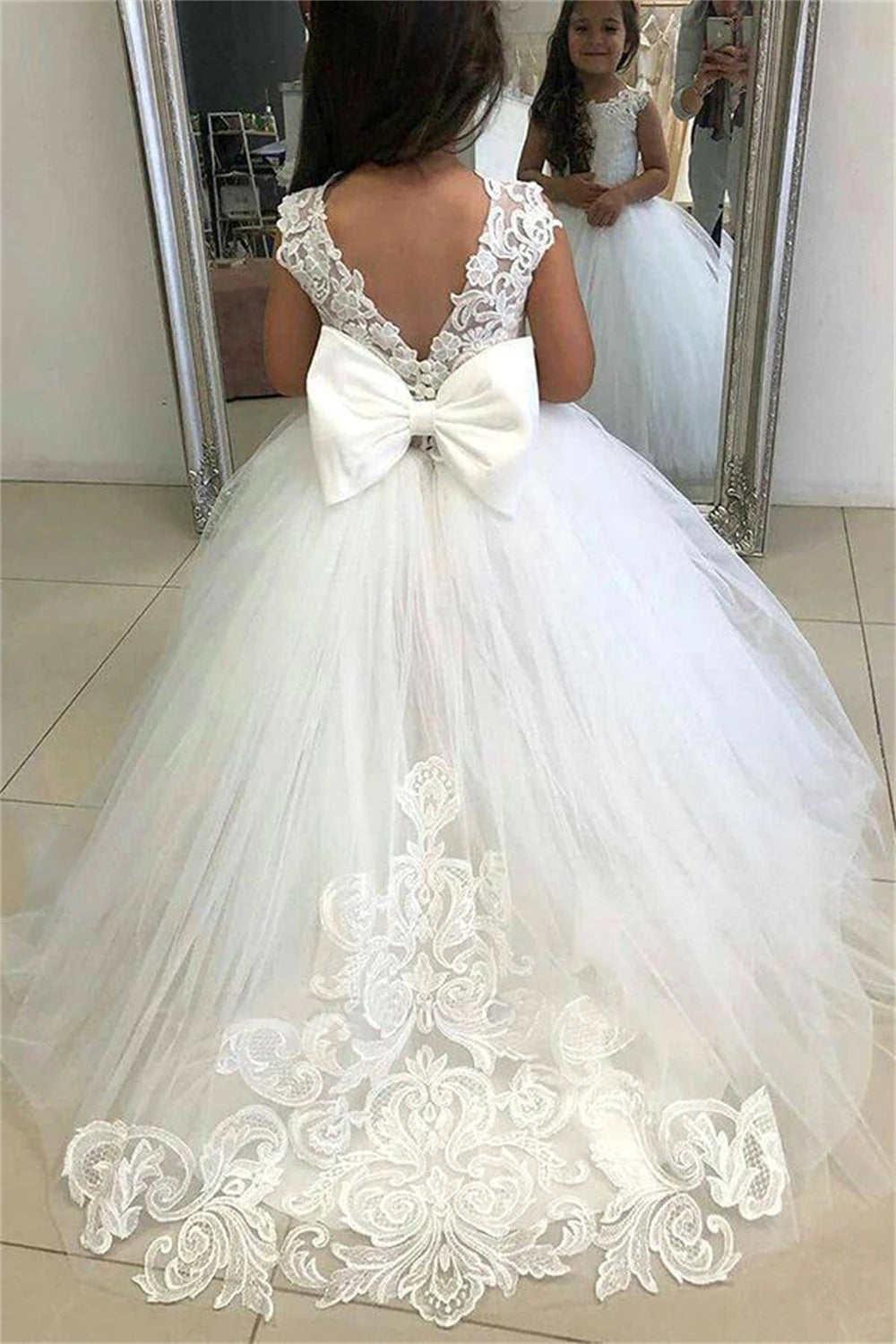 Beautiful MisShow flower girl dress by Showlu Fashion Store featuring lace and tulle, perfect for weddings and special occasions.
