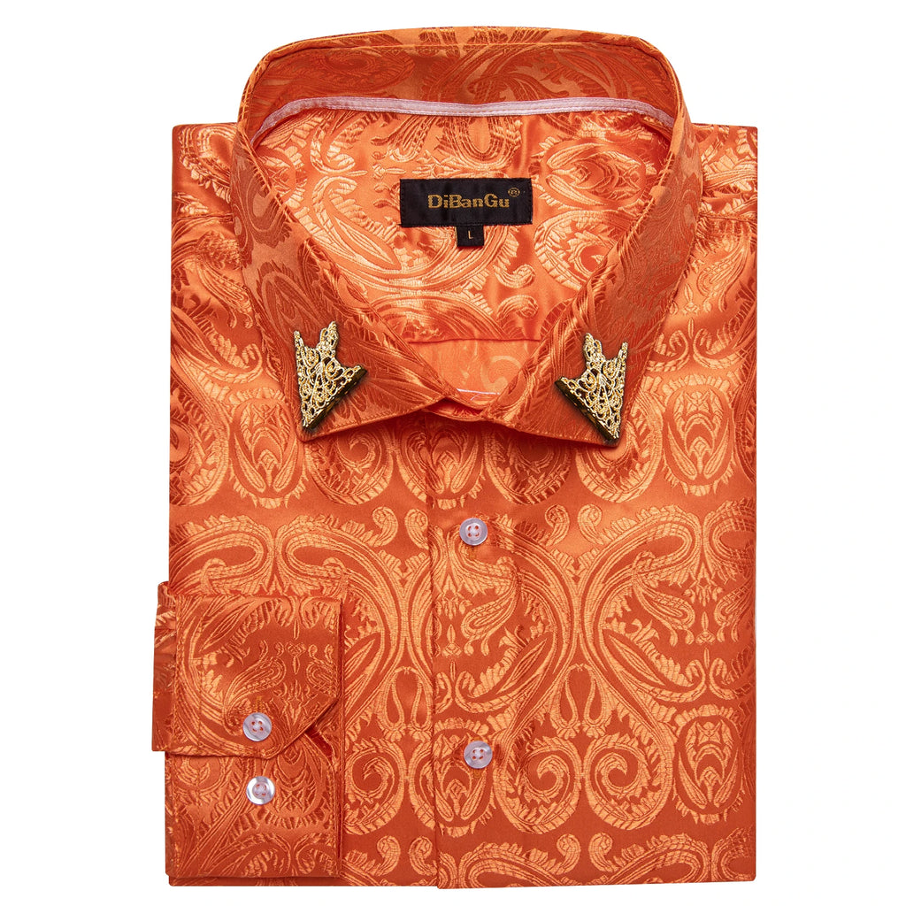 Men's patterned brocade shirt with gold crown collar accents, ideal for luxury galas and formal weddings, by Showlu Fashion.