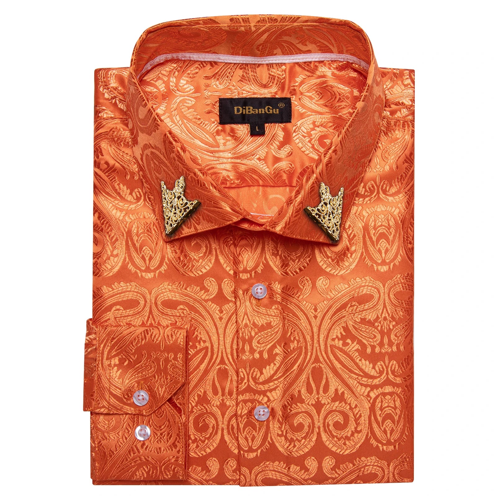 Men's patterned brocade shirt with gold crown collar accents, ideal for luxury galas and formal weddings, by Showlu Fashion.