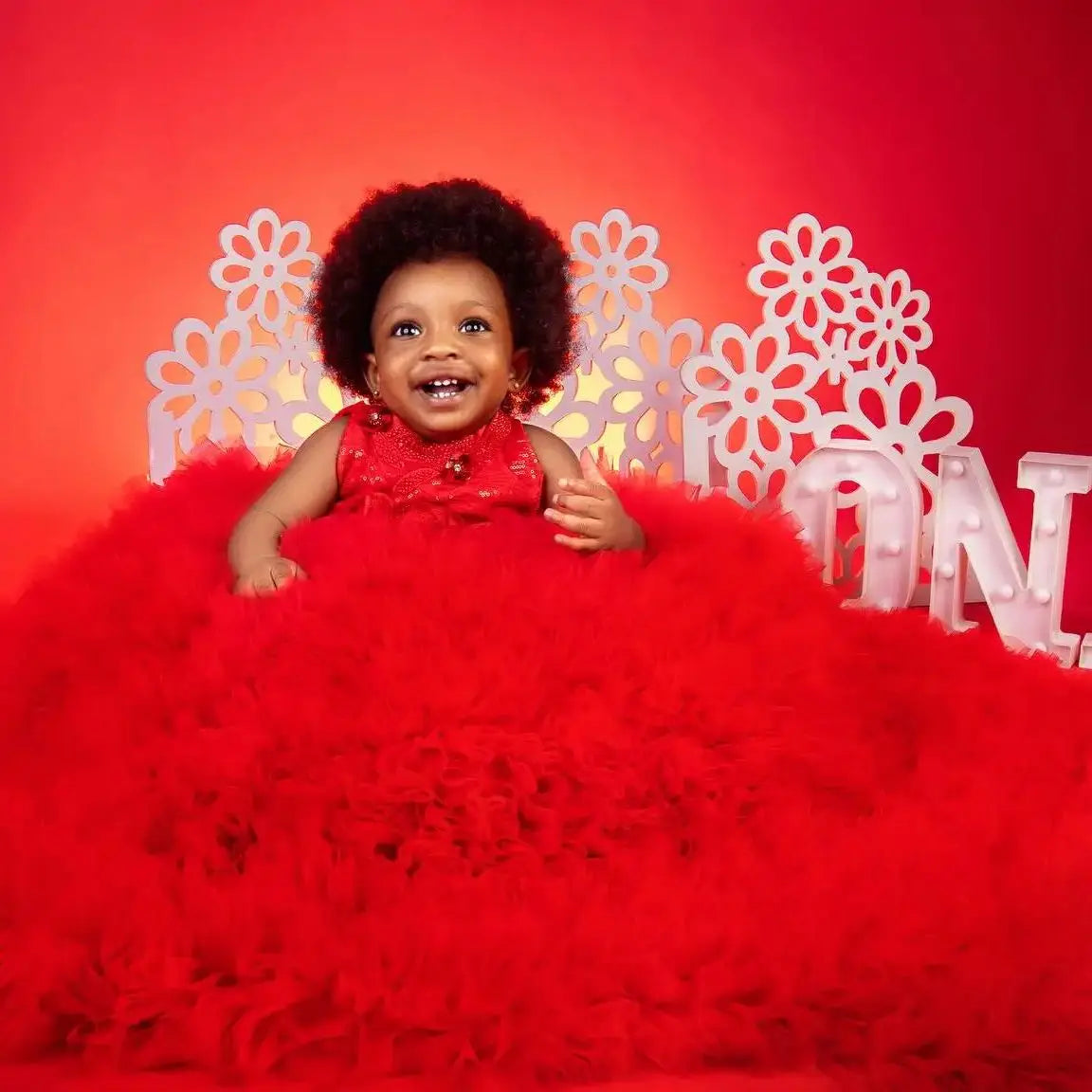 Red flower girl dress by SHOWLU FASHION STORE featuring sequined ruffles and a ball gown style for weddings.