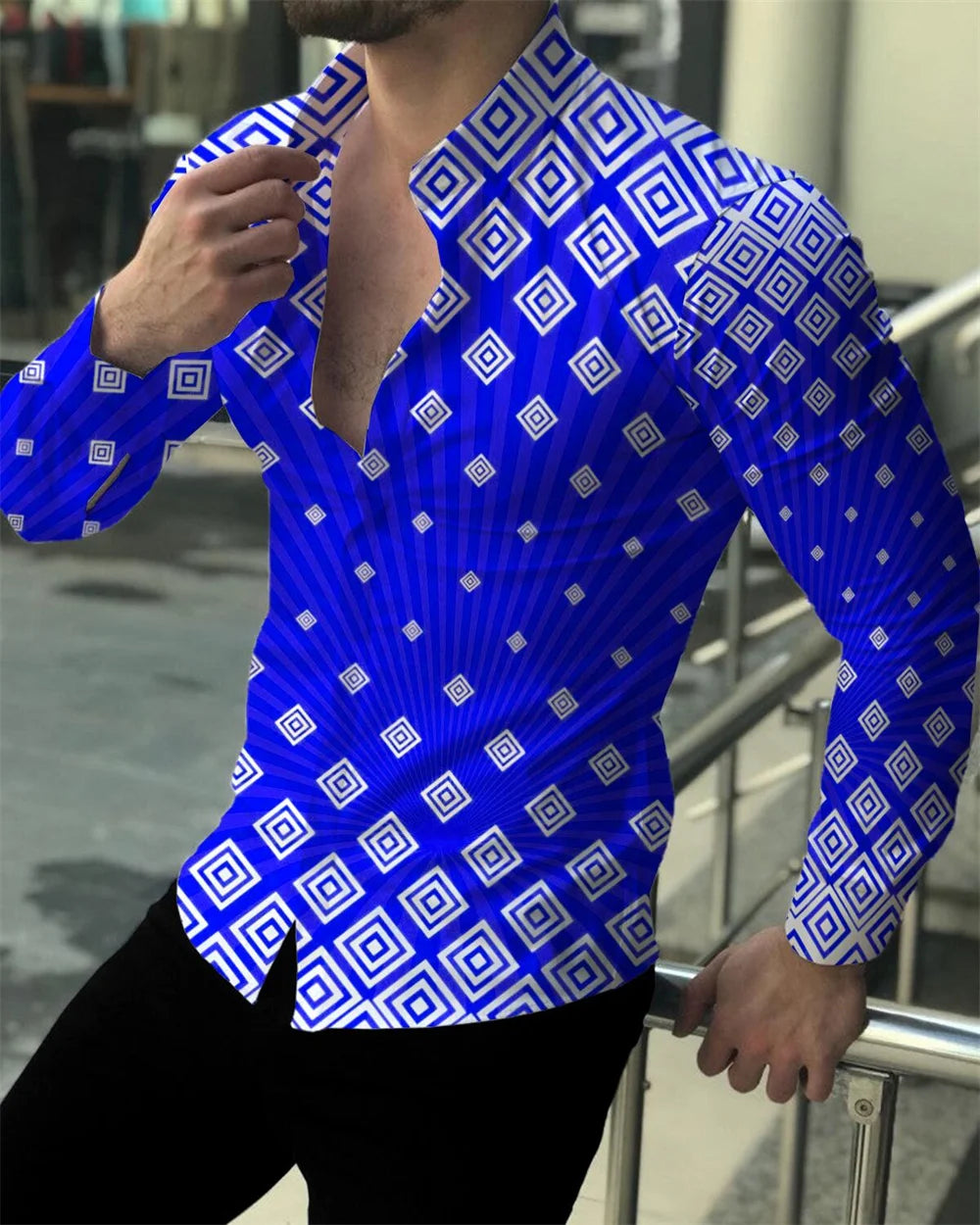 2023 latest men's prom fashion luxury social men's lapel single breasted cardigan shirt casual printing long-sleeved shirt