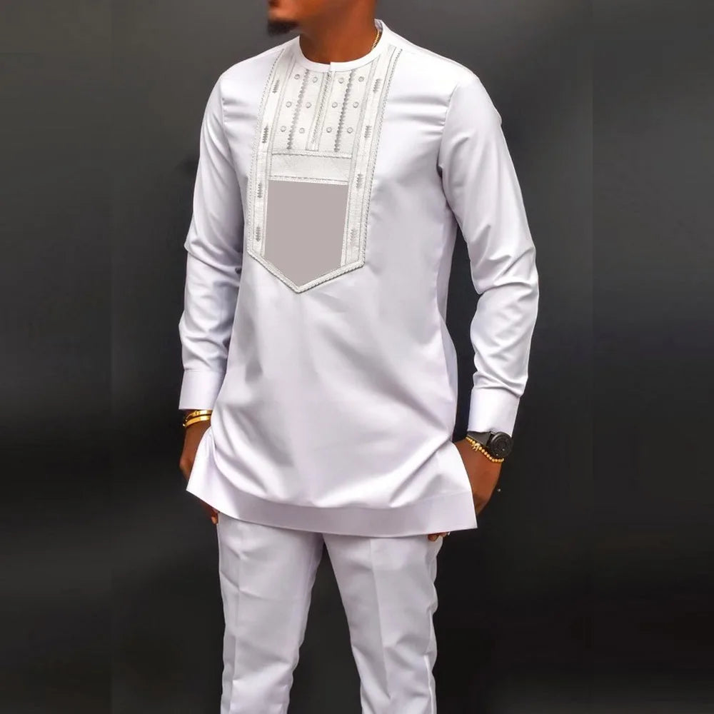 Showlu men's white Kaunda suit, traditional African 2-piece cotton set, featuring classic style and comfortable fit.