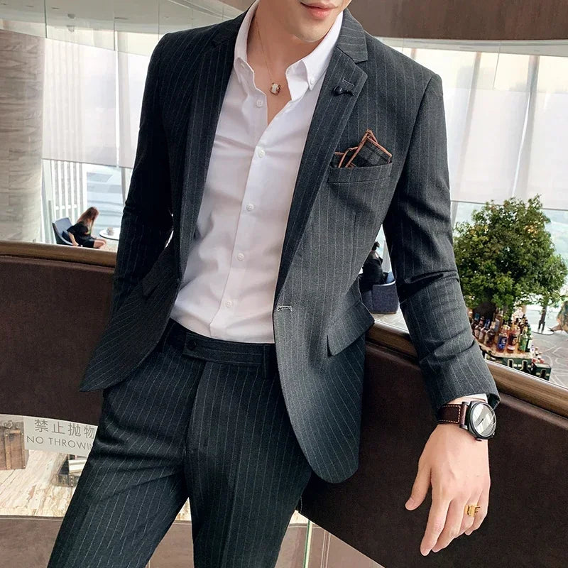 ( Blazer + Pants ) High-end Brand Formal Business Plaid Mens Suit Groom Wedding Dress Solid Color Stage Performance Tuxedo S-7XL SHOWLU FASHION STORE