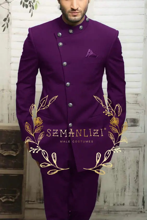 Navy blue Indian design men's slim fit formal blazer and suit pants for wedding or business, shown on a model.
