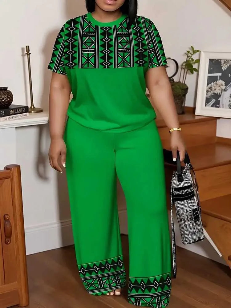 Casual summer women's outfit featuring a stylish top and pants set in plus size, from Showlu Fashion, perfect for streetwear style.
